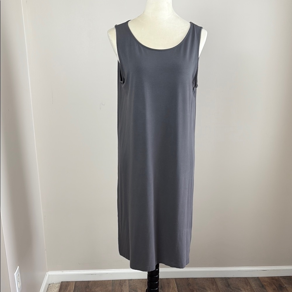 Eileen Fisher Sleeveless Dress Rayon Lycra Soft Stretch Knit A Line Grey Size M